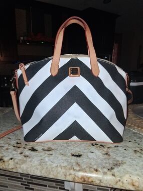 Dooney & BourkeGabrielle Large  Black and White Chevron Satchel with Tan Trim